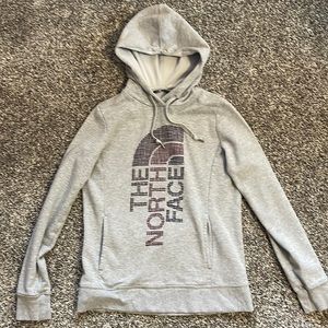 Grey, lined hood, one front pocket, raised printed TNF design on front